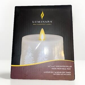 NIB Luminara Flameless Candle White Embossed Trees Pillar 4.5" h Unscented
